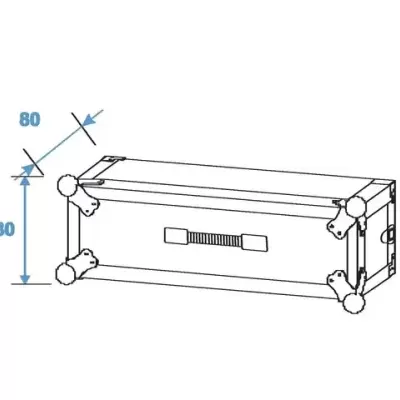 Desenho técnico de caixa de transporte retangular com cantos reforçados e pega lateral