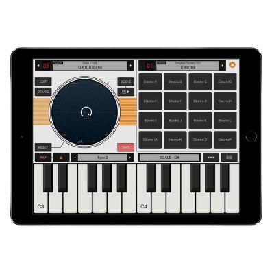 Interface de aplicação musical com teclado midi e controlos em tablet preto