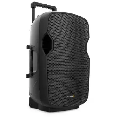 Coluna de som portátil preta com alça retrátil e rodízios