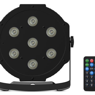 Refletor LED preto circular com comando remoto pequeno