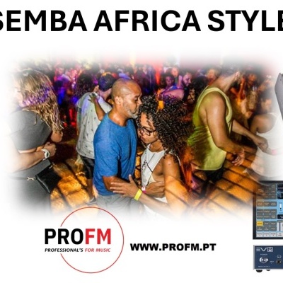 Imagem promocional de equipamentos musicais com dança ao centro e texto Semba Africa Style