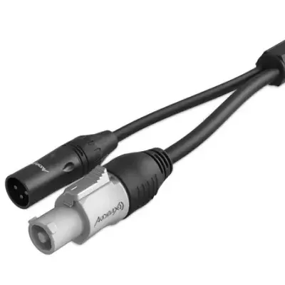 Cabo preto com conector XLR macho e conector de energia SPEAKON