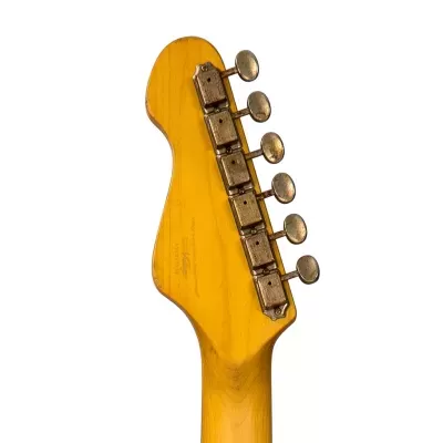 Cabeça traseira de guitarra elétrica amarela com cravelhas metálicas