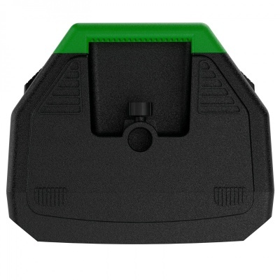 Aparelho eletrónico preto e verde com botão central