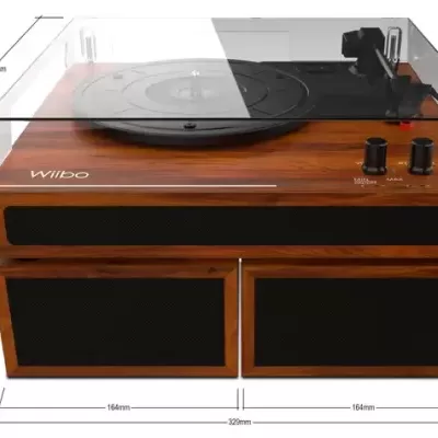 Gira-discos Wilbo com acabamento em madeira e tampa transparente
