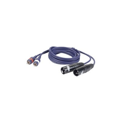 Cabo de áudio azul com conectores XLR e RCA em fundo branco