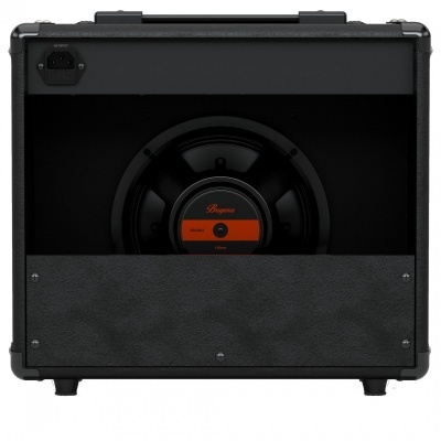 Amplificador de guitarra preto com alto-falante exposto e etiqueta Bugera