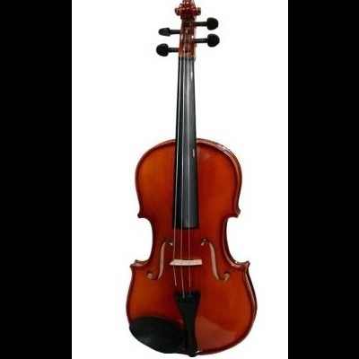 Violino de madeira castanho brilhante com quatro cordas e queixo preto