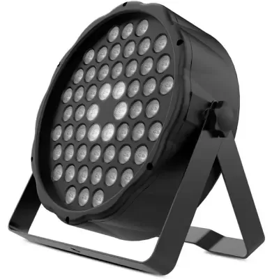 Refletor LED circular preto com 48 lâmpadas de LED e suporte ajustável.