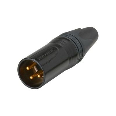 Conector XLR macho preto com três pinos dourados.