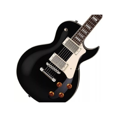 Guitarra elétrica preta com captadores cromados e botões castanhos