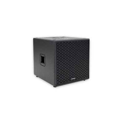 Subwoofer preto quadrado com grelha frontal