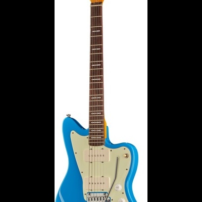 Guitarra elétrica azul com braço de madeira e captadores duplos