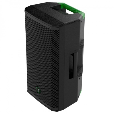 Coluna de som preta com grelha frontal em metal e detalhes verdes
