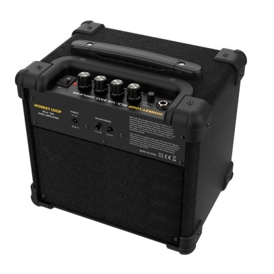 Amplificador de guitarra preto compacto com botões e alça.