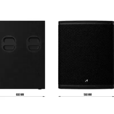 Coluna de som preta vista de frente e de lado com medidas