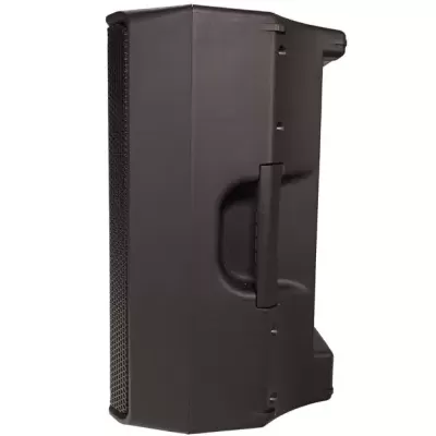 Coluna de som profissional preta lado lateral com alça