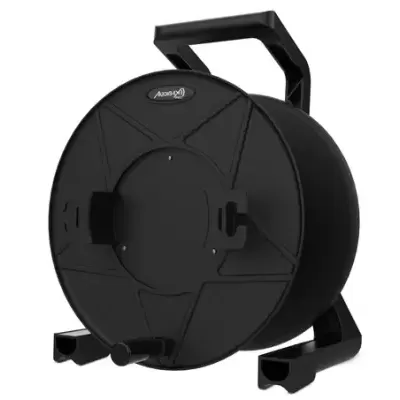 Carretel para cabos preto com pega, suporte e manivela