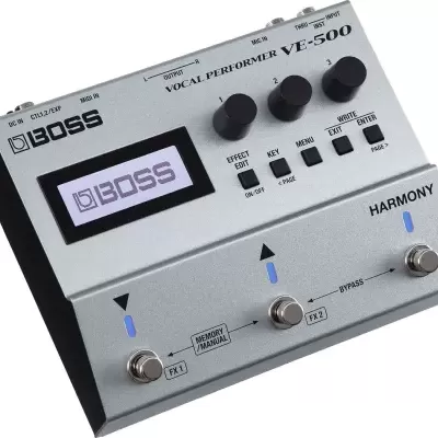 Pedal de efeitos BOSS Vocal Performer VE-500 prateado com botões pretos e LEDs azuis