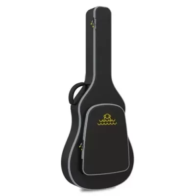 Estojo preto para guitarra acústica com bolso frontal e alça de transporte.