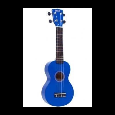 Ukulele azul de madeira com palavra 'MAHALO' na cabeça.