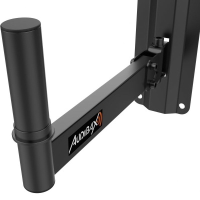 Suporte de parede para colunas áudio preto com logo AudioBoxX