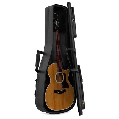 Guitarra acústica de madeira dentro de mala rígida preta aberta