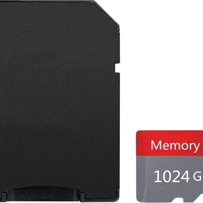 Dois cartões de memória, um preto e outro cinza e vermelho com texto 1024 GB.