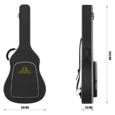 Capa preta para guitarra rígida com bolso frontal e desenho amarelo, vista frontal e lateral com medidas