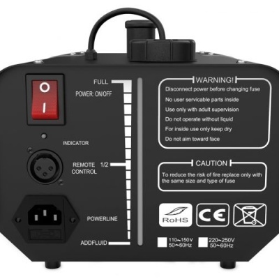 Dispositivo eletrônico preto com interruptor vermelho e etiquetas com avisos