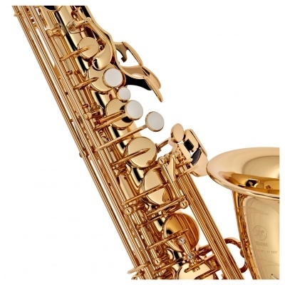 Saxofone dourado com botões brancos em fundo branco