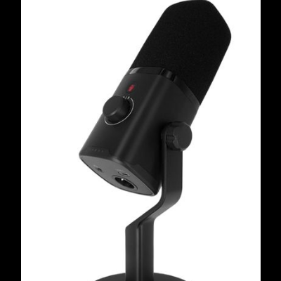 Microfone de estúdio preto com base redonda e espuma preta no topo