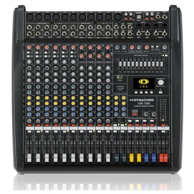 Mesa de mistura áudio preta DYNACORD CMS 1000 com botões coloridos e sliders