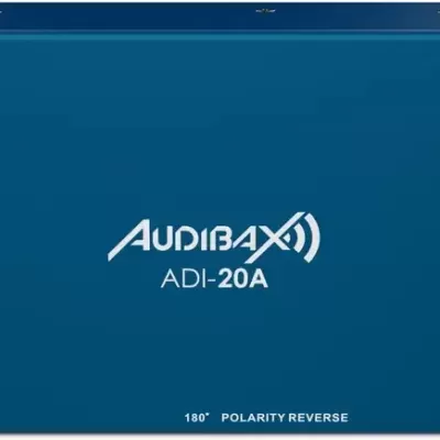 Dispositivo azul Audibax ADI-20A com texto branco e várias entradas e saídas