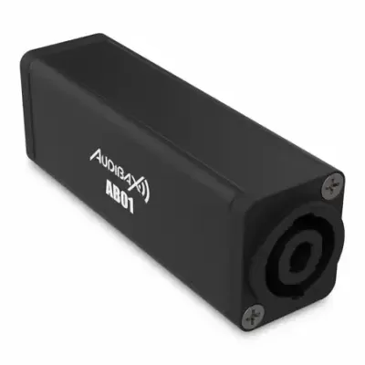 Adaptador ou amplificador de áudio preto com texto branco e conectores circulares