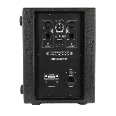 Subwoofer Definitive Audio Insta Sub 10A preto com painel traseiro e conectores
