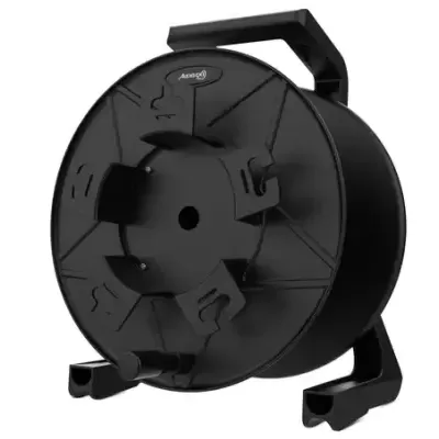 Carretel preto de plástico para cabos com suporte e marca Aumox