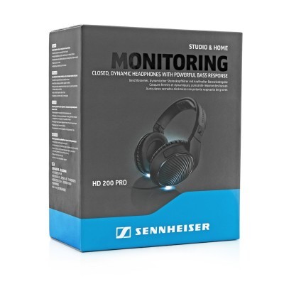 Caixa dos auscultadores Sennheiser HD 200 PRO com design preto e azul