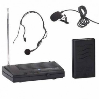 Microfone sem fios com transmissor, receptor e microfone de cabeça preto