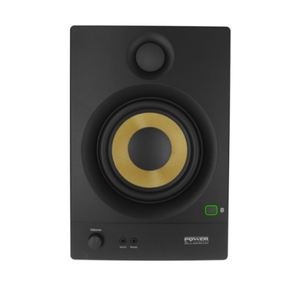 Coluna de som preta com cone amarelo e texto POWER SOUND