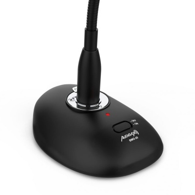 Microfone de base preto com cabo flexível e indicador LED vermelho