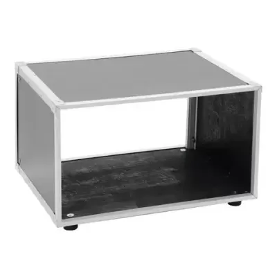 Estrutura retangular preta com moldura metálica prateada.