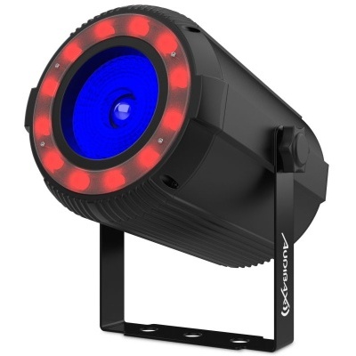 Projetor de luz LED preto com lente azul e anel vermelho