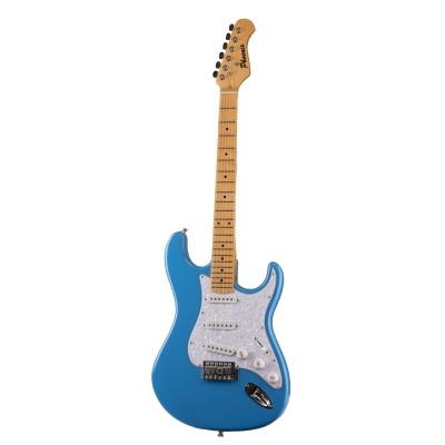 Guitarra elétrica azul Fender com braço de madeira clara e três captadores single-coil brancos