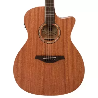 Guitarra acústica em madeira castanha natural com cutaway e cordas metálicas