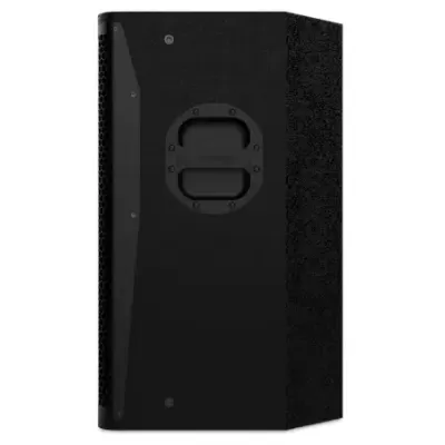 Coluna de som preta com pegas embutidas e parafusos