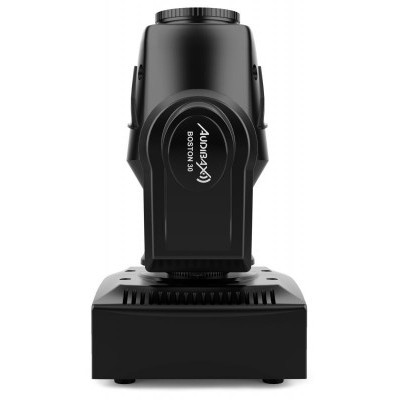 Luz de palco preta AstroBeamer X sobre base preta em fundo branco