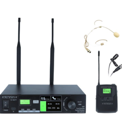 Sistema de áudio sem fios com recetor, transmissor de cinto, microfone de cabeça e microfone de mão