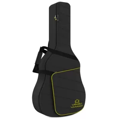 Mala preta para guitarra acústica com bolso frontal amarelo acolchoada
