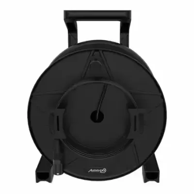 Carretel de cabo elétrico preto com suporte e asa para transporte